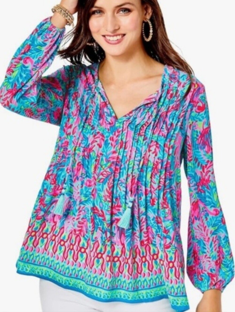 Lilly Pulitzer Marilina Tunic Top Soft Blue Flim Flam Pink Flamingo Resortwear